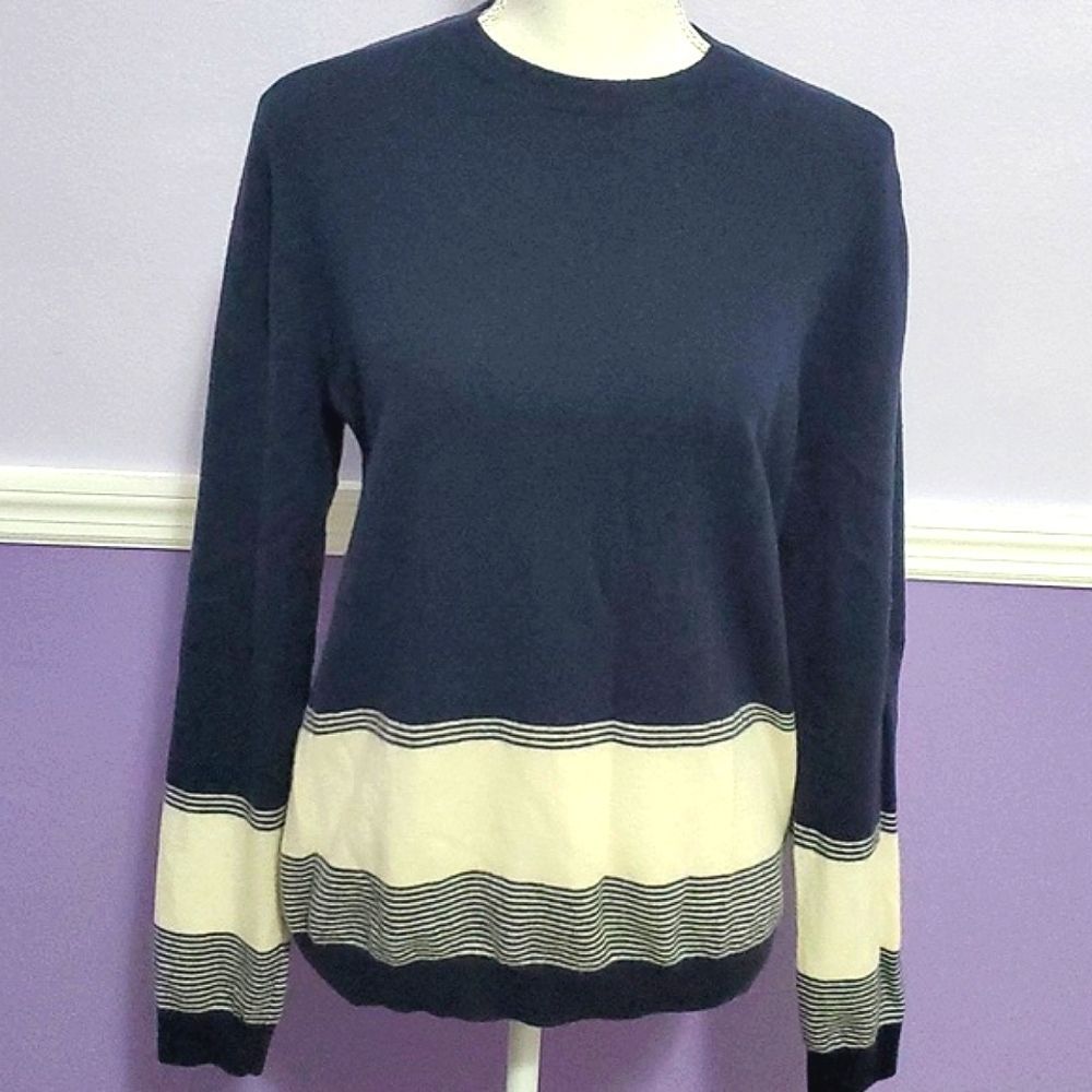 ASOS Navy & Cream Colorblock Long Sleeve Soft Merino Wool Blend Sweater M